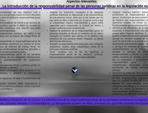 Criminal Compliance / Aspectos relevantes de lectura recomendada: «La introducción de la responsabilidad penal de las personas jurídicas en la legislación española», Miguel Ángel Boldova Pasamar.